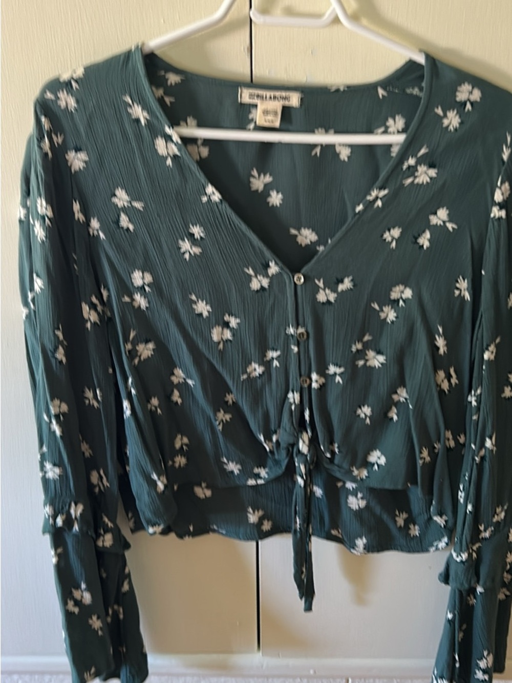 Billabong Teal Floral Tie-Front Blouse